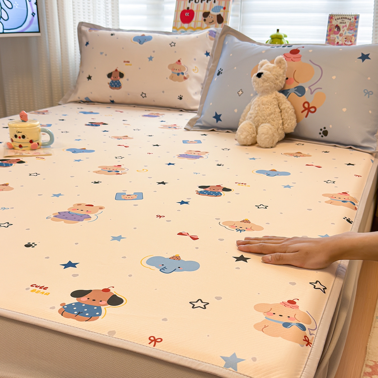 91家纺网 家纺一手货源 找家纺 懒猫家纺 2026新款卡通凉感冰丝床笠款凉席 床笠席-星愿萌宠