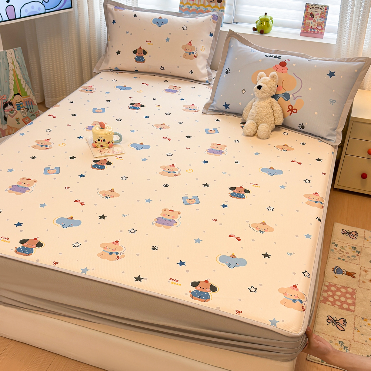 91家纺网 家纺一手货源 找家纺 懒猫家纺 2026新款卡通凉感冰丝床笠款凉席 床笠席-星愿萌宠