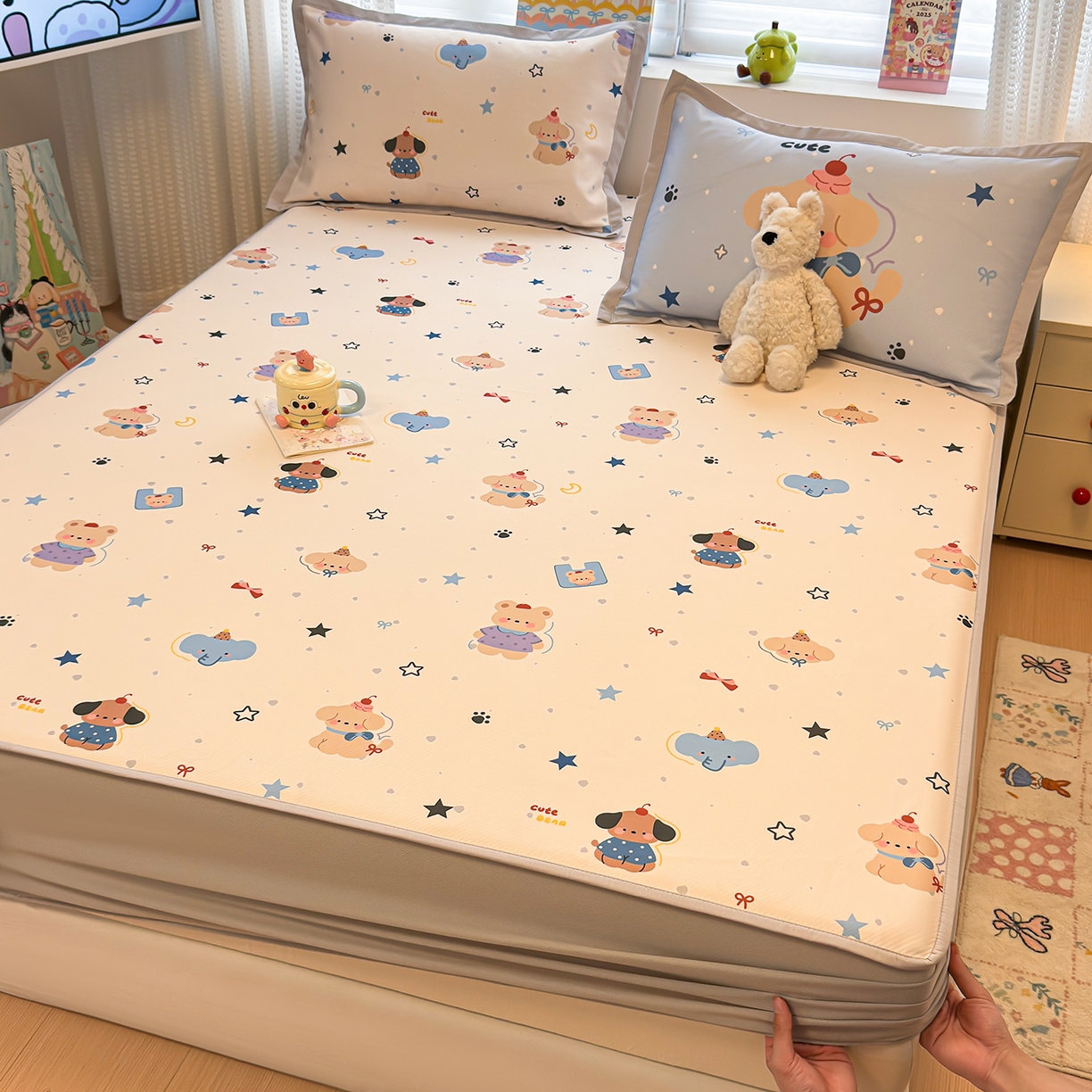 91家纺网 家纺一手货源 找家纺 懒猫家纺 2026新款卡通凉感冰丝床笠款凉席 床笠席-星愿萌宠