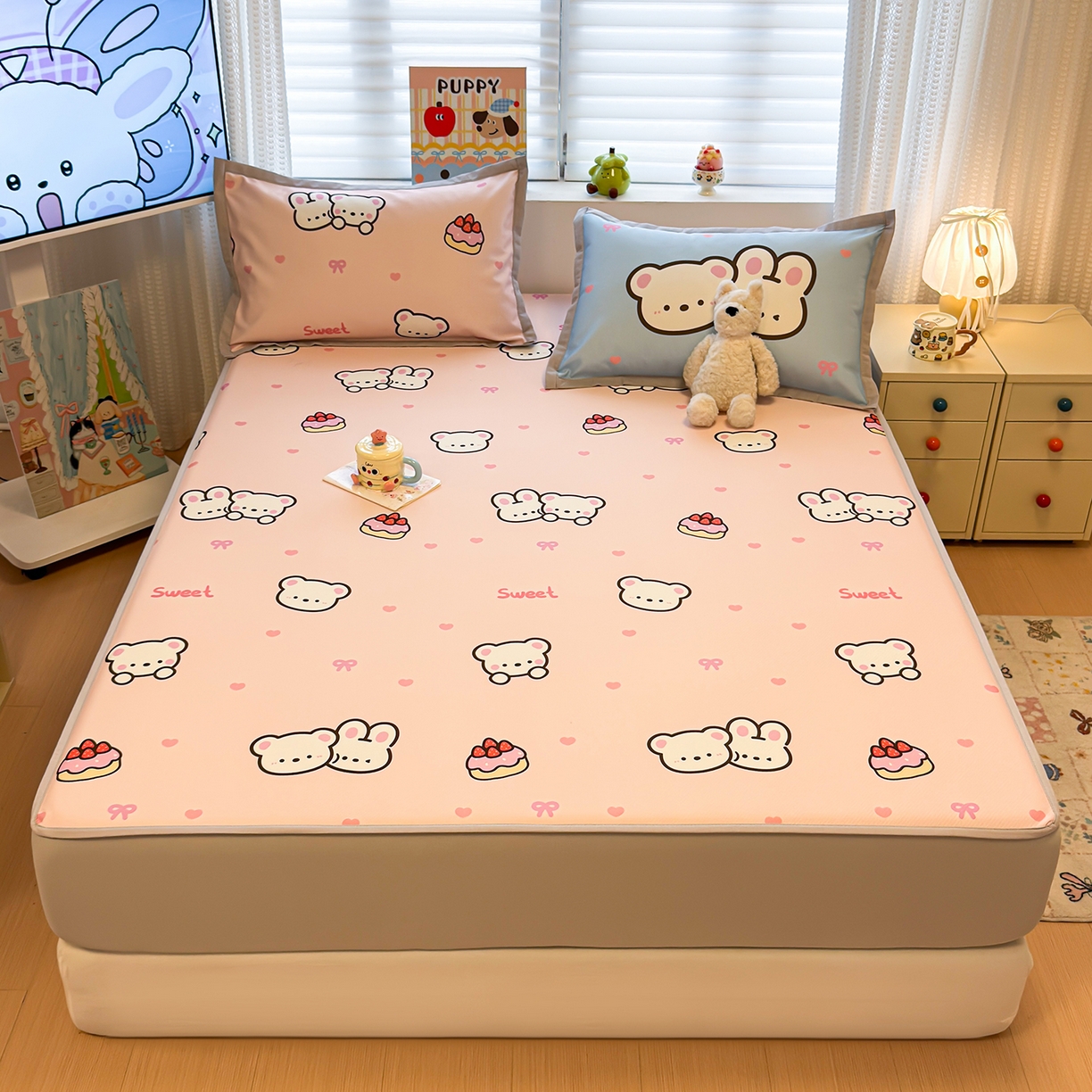 91家纺网 家纺一手货源 找家纺 懒猫家纺 2026新款卡通凉感冰丝床笠款凉席 床笠席-熊兔玩伴