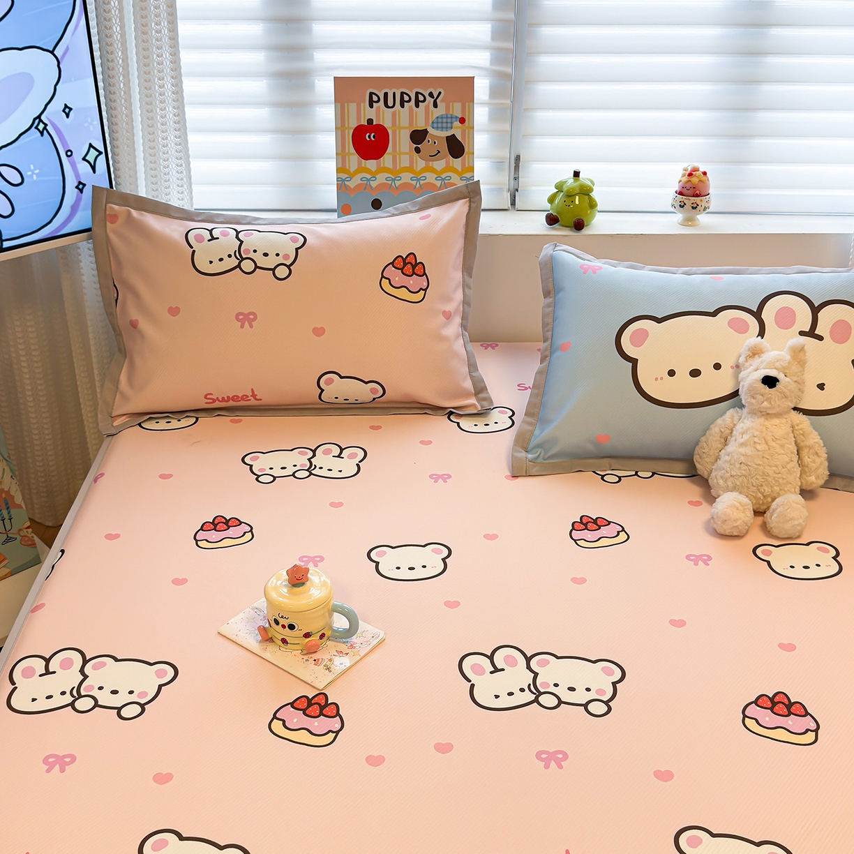 91家纺网 家纺一手货源 找家纺 懒猫家纺 2026新款卡通凉感冰丝床笠款凉席 床笠席-熊兔玩伴