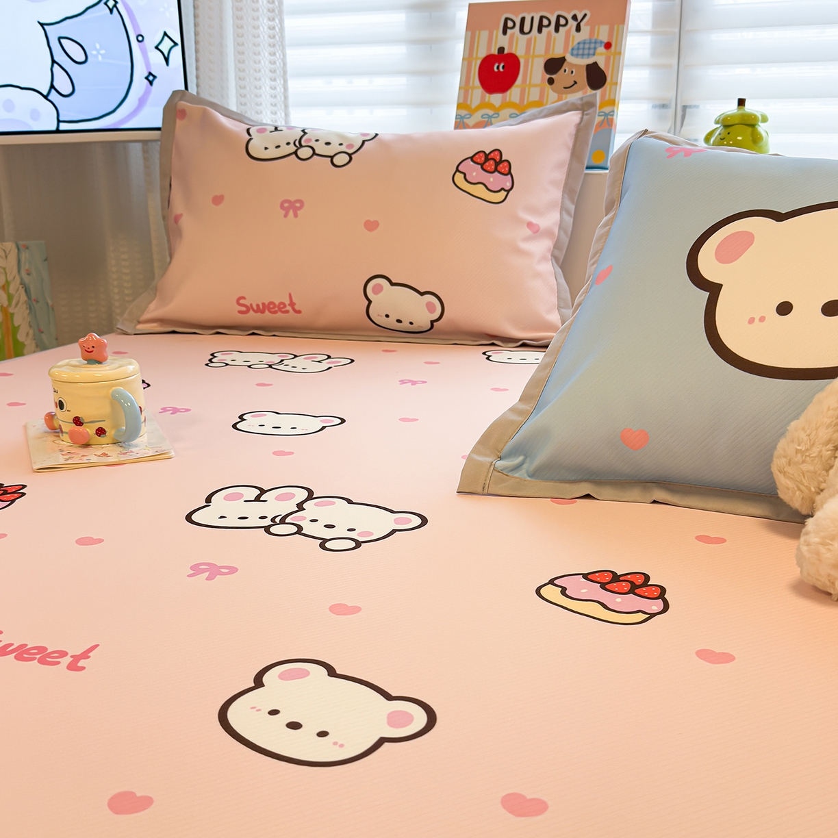 91家纺网 家纺一手货源 找家纺 懒猫家纺 2026新款卡通凉感冰丝床笠款凉席 床笠席-熊兔玩伴