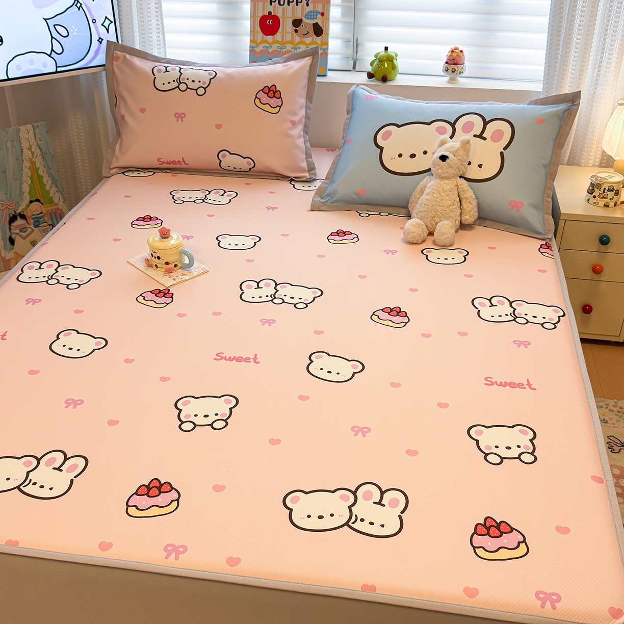 91家纺网 家纺一手货源 找家纺 懒猫家纺 2026新款卡通凉感冰丝床笠款凉席 床笠席-熊兔玩伴