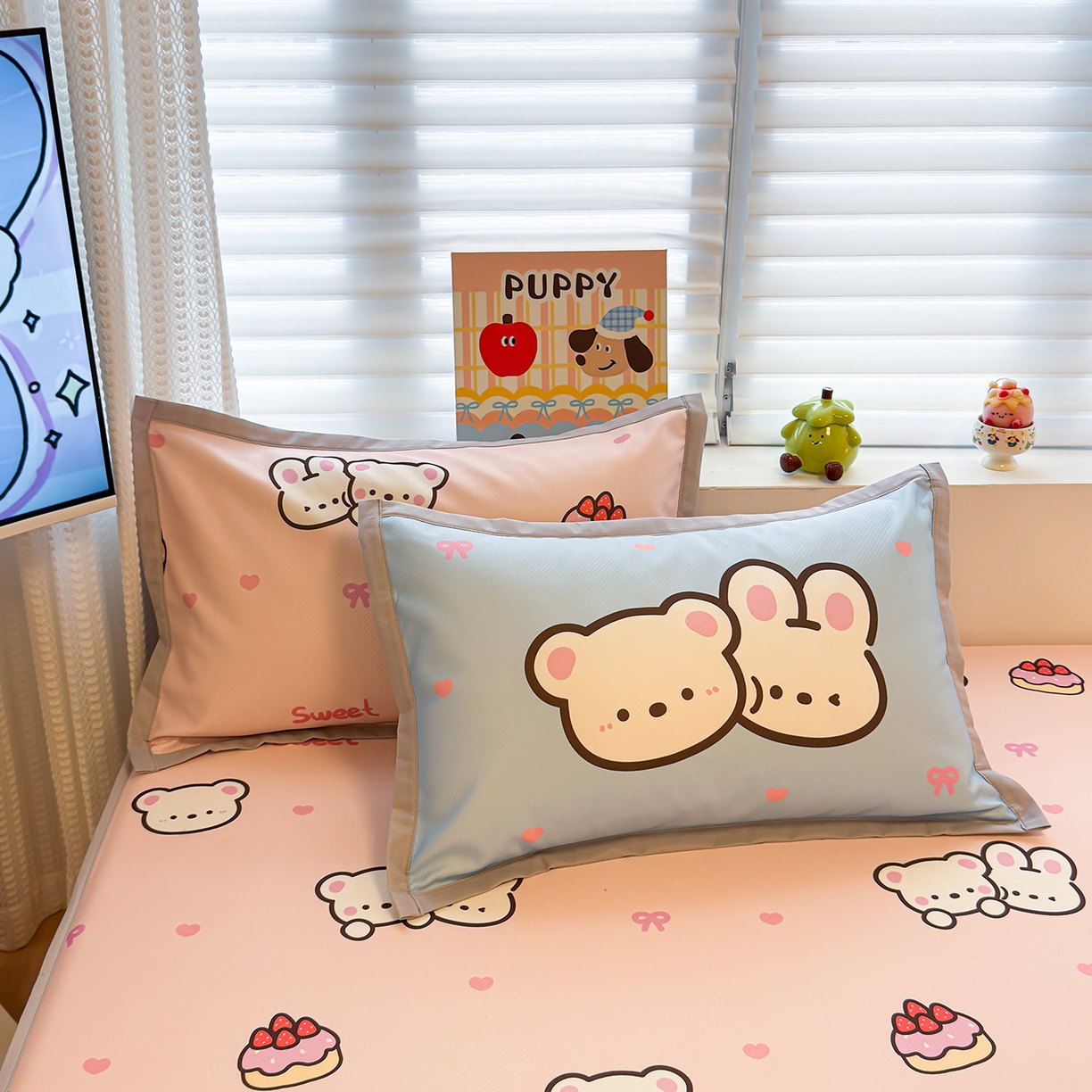 91家纺网 家纺一手货源 找家纺 懒猫家纺 2026新款卡通凉感冰丝床笠款凉席 床笠席-熊兔玩伴