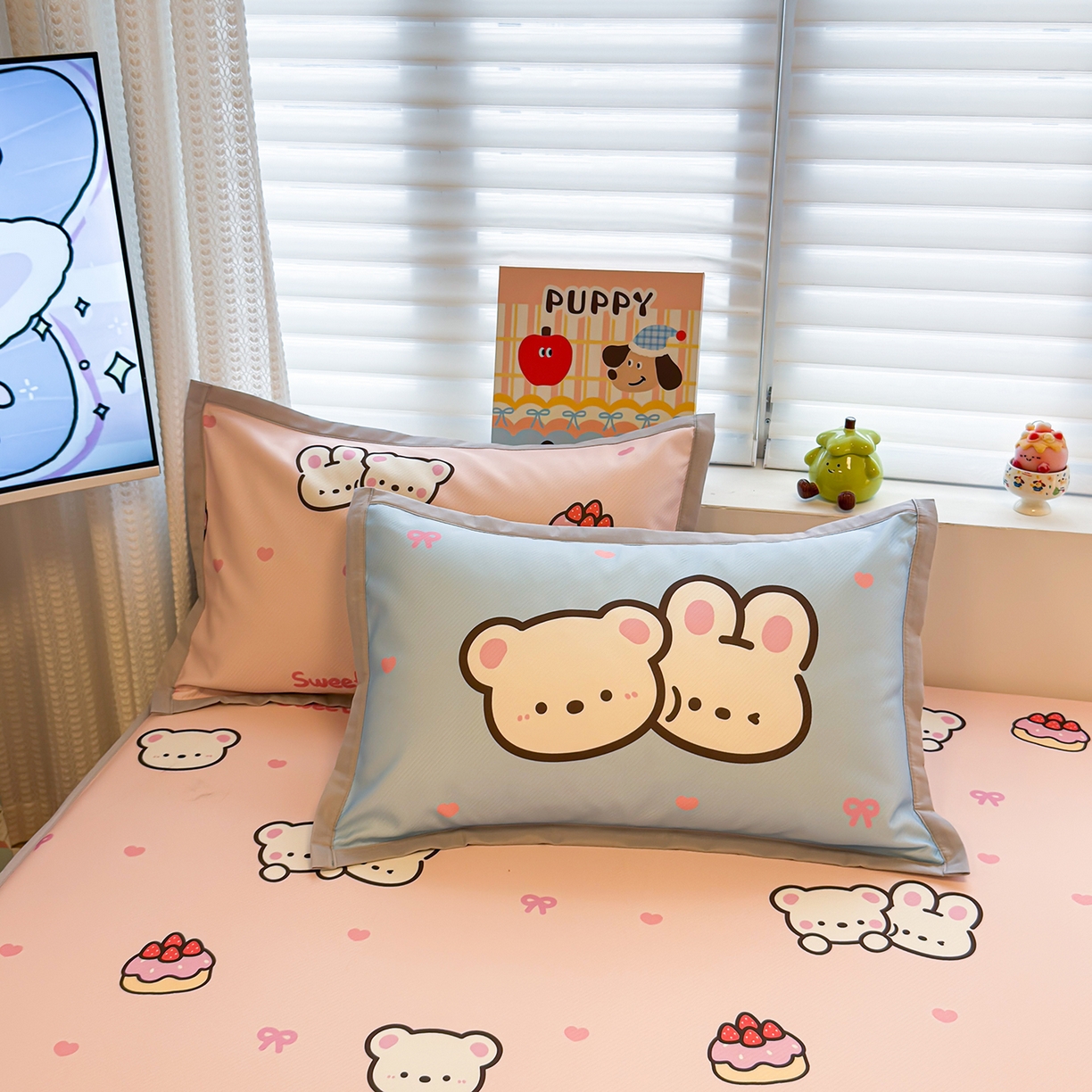 91家纺网 家纺一手货源 找家纺 懒猫家纺 2026新款卡通凉感冰丝床笠款凉席 床笠席-熊兔玩伴