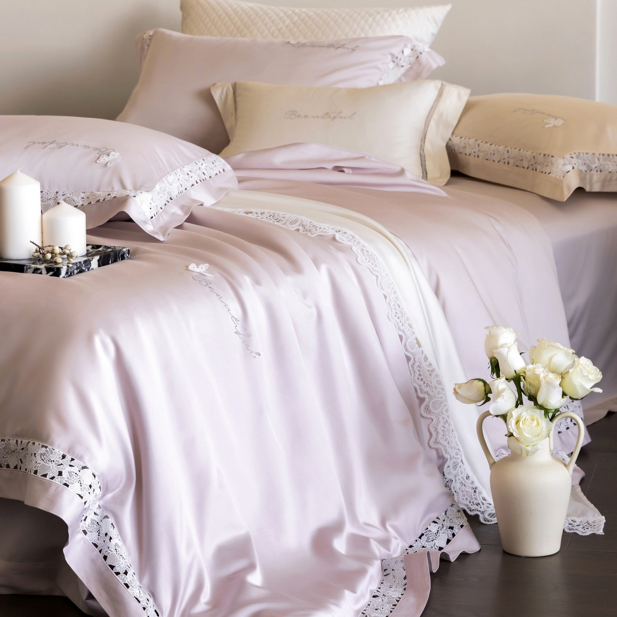 91家纺网 家纺一手货源 找家纺 （总）佳汐蓝家纺 2026新款50S天丝棉镂空水溶蕾丝花边四件套-娜瑞诗系列