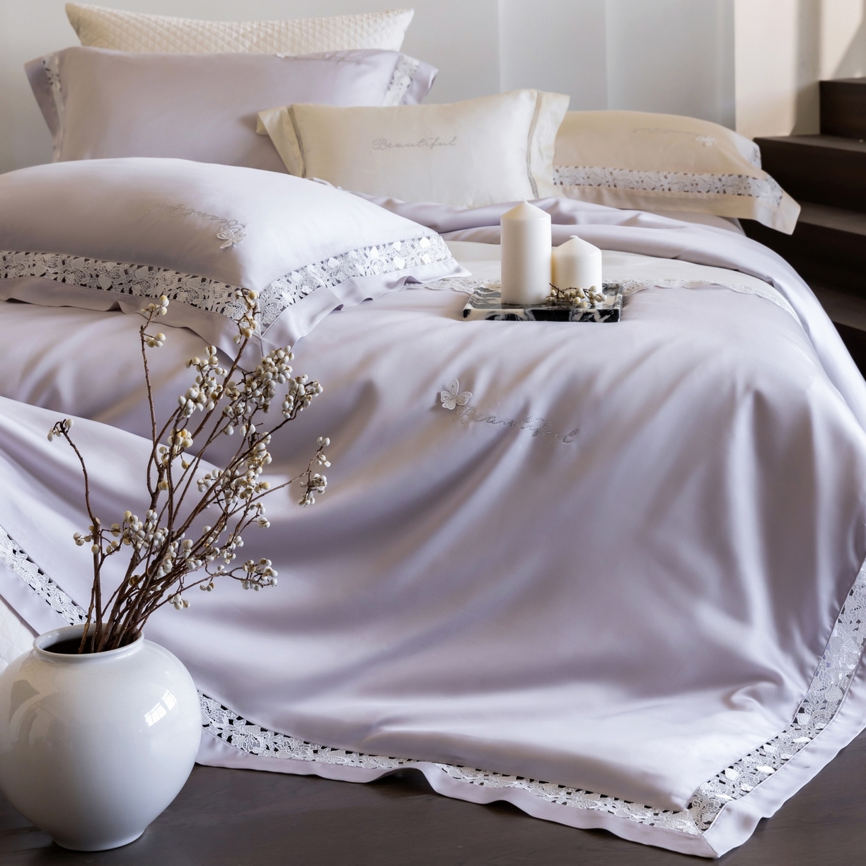 91家纺网 家纺一手货源 找家纺 （总）佳汐蓝家纺 2026新款50S天丝棉镂空水溶蕾丝花边四件套-娜瑞诗系列