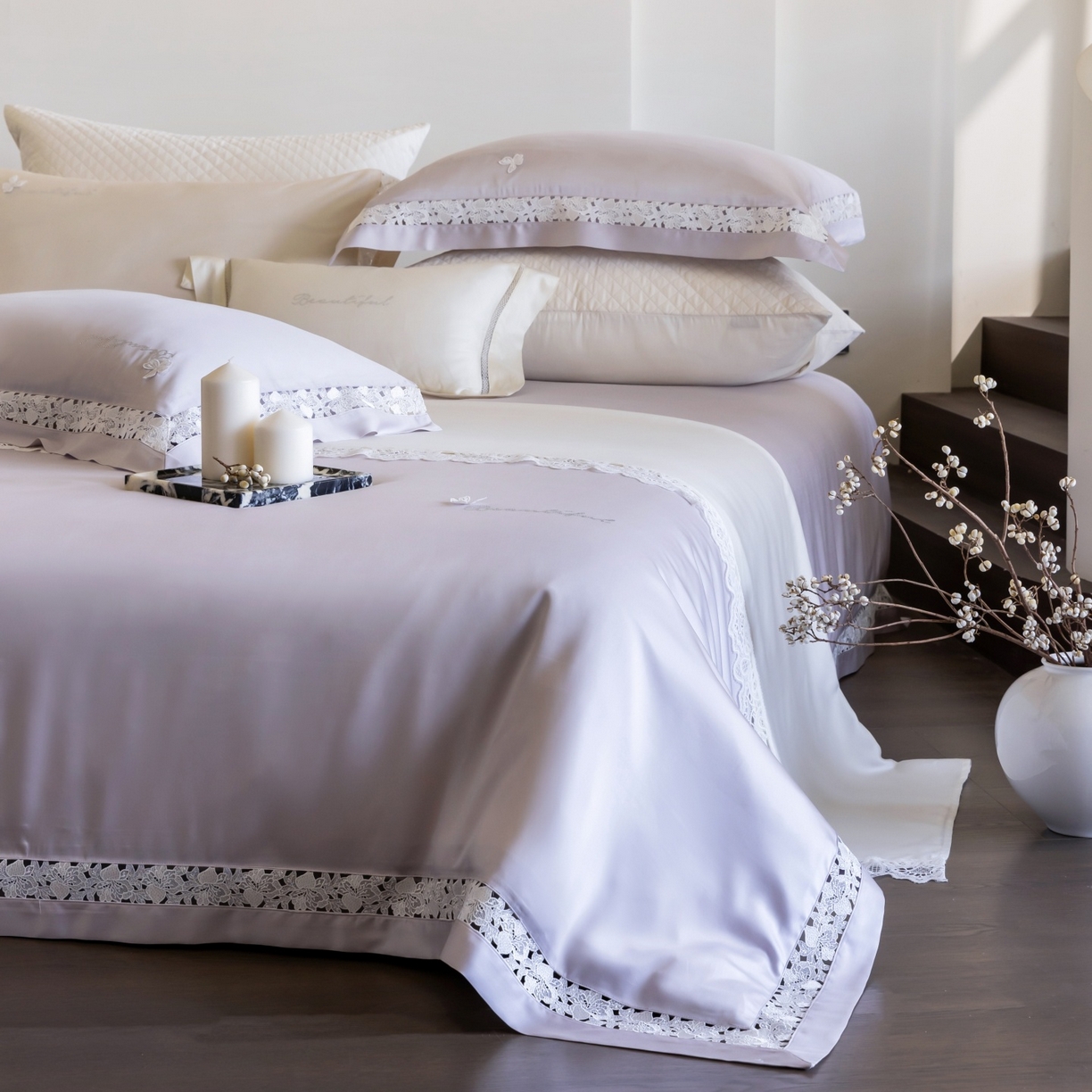 91家纺网 家纺一手货源 找家纺 佳汐蓝家纺 2026新款50S天丝棉镂空水溶蕾丝花边四件套-娜瑞诗系列 娜瑞诗-紫色