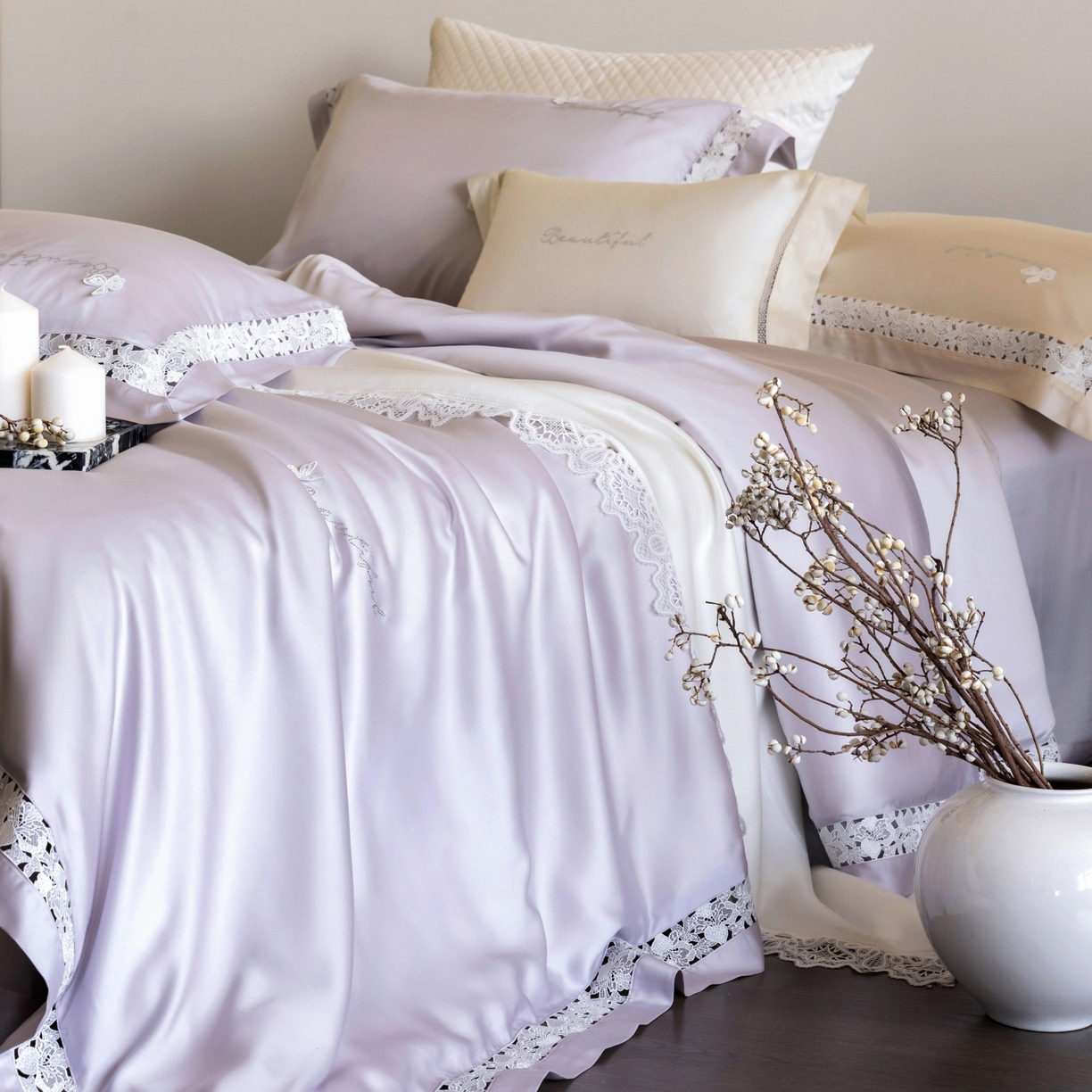 91家纺网 家纺一手货源 找家纺 佳汐蓝家纺 2026新款50S天丝棉镂空水溶蕾丝花边四件套-娜瑞诗系列 娜瑞诗-紫色