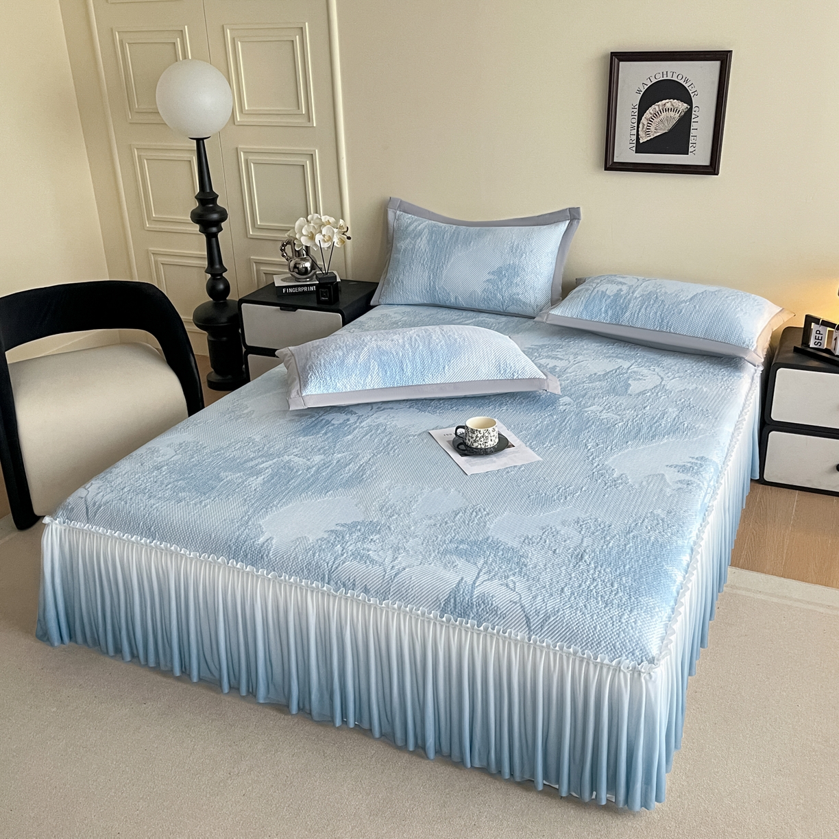 莱米家纺 2026新款PE凉感冰豆豆床裙水墨画系列 南枝-蓝