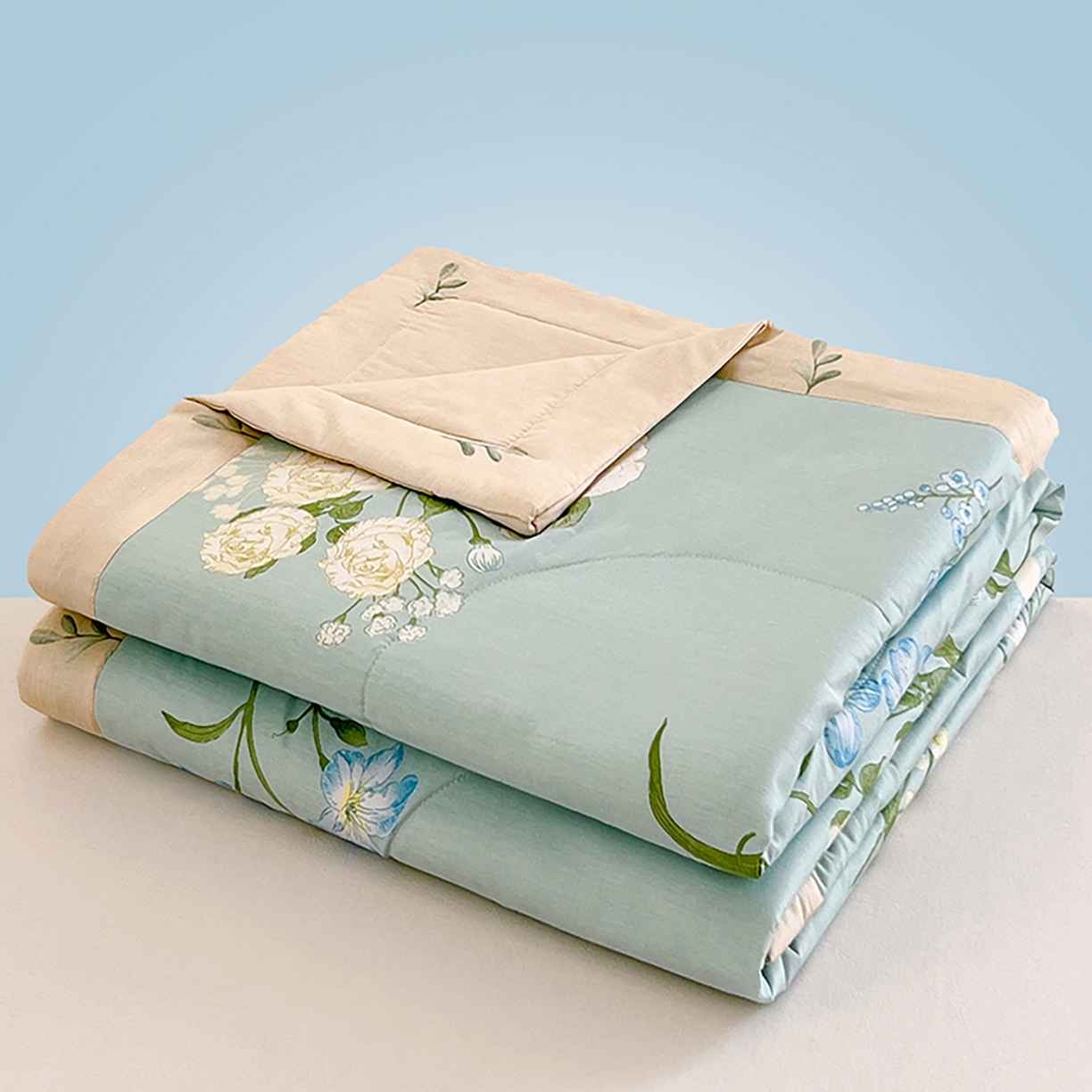 91家纺网 家纺一手货源 找家纺 尊妙被业 2026春夏新款全棉印花夏被空调被夏凉被 含苞初放-绿