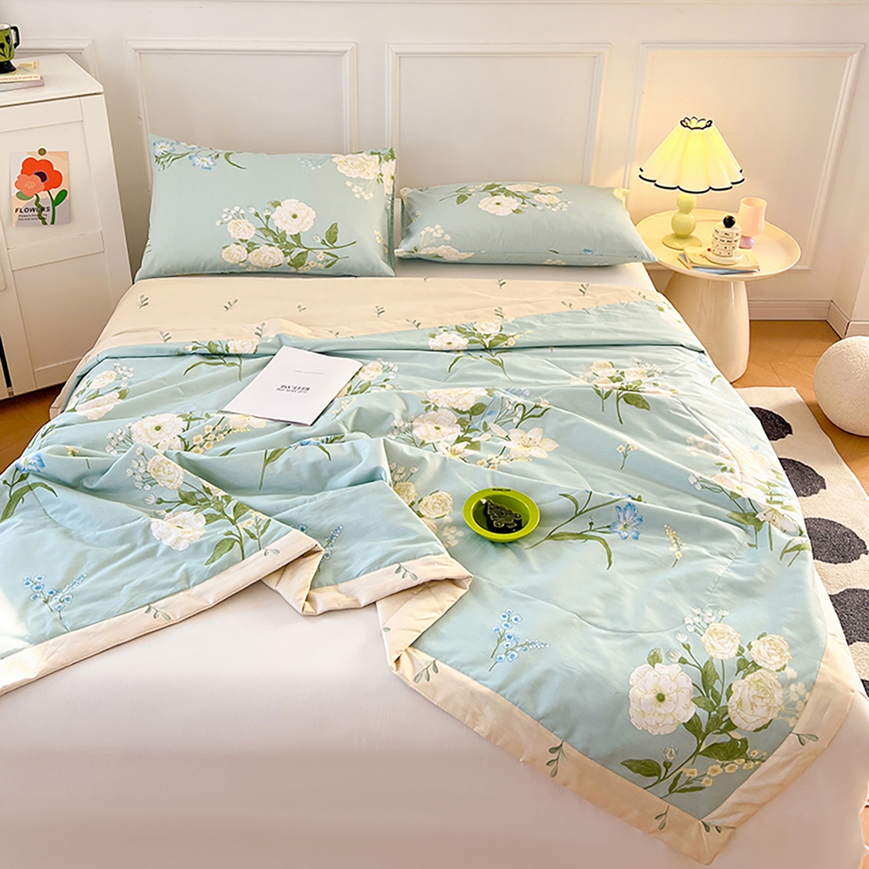 91家纺网 家纺一手货源 找家纺 尊妙被业 2026春夏新款全棉印花夏被空调被夏凉被 含苞初放-绿