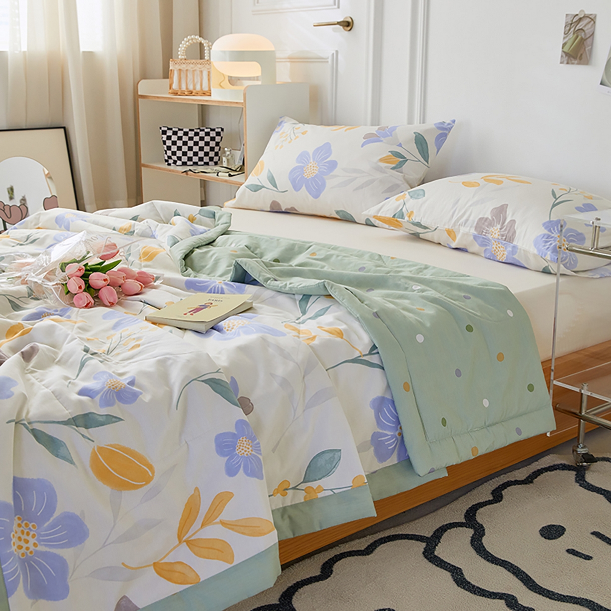 91家纺网 家纺一手货源 找家纺 尊妙被业 2026春夏新款全棉印花夏被空调被夏凉被 花青玉洁