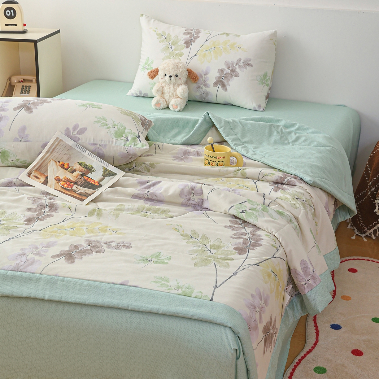 91家纺网 家纺一手货源 找家纺 尊妙被业 2026春夏新款全棉印花夏被空调被夏凉被 栖川 绿