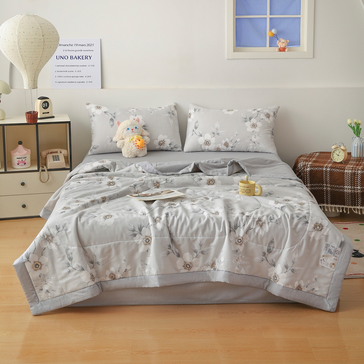 91家纺网 家纺一手货源 找家纺 尊妙被业 2026春夏新款全棉印花夏被空调被夏凉被 茉清浅 灰