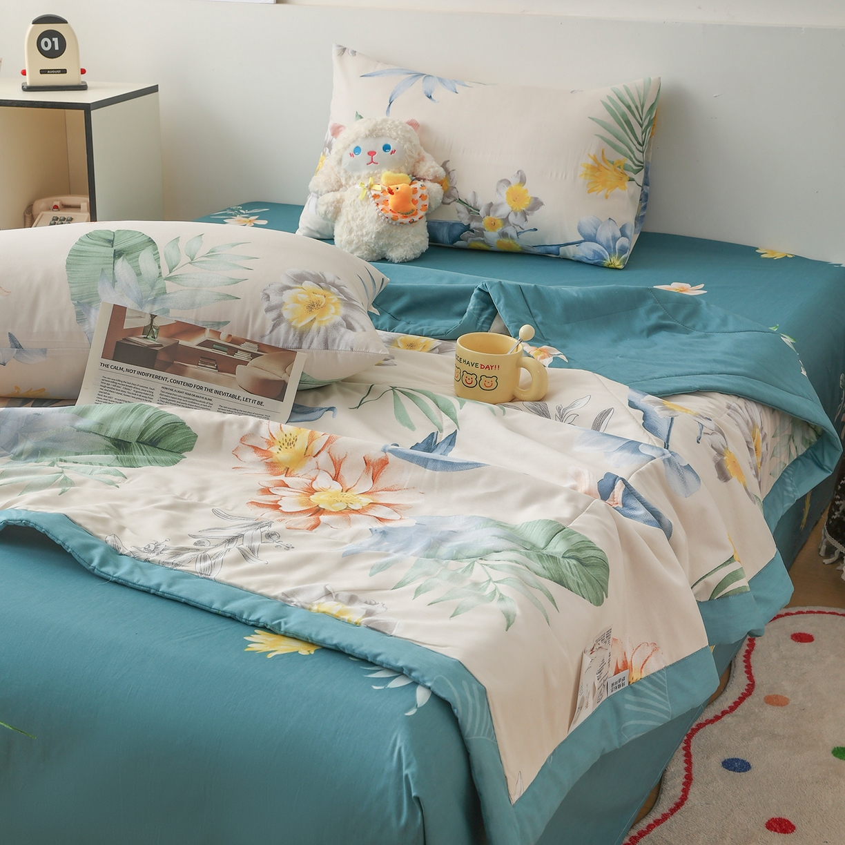 91家纺网 家纺一手货源 找家纺 尊妙被业 2026春夏新款全棉印花夏被空调被夏凉被 千叶花语