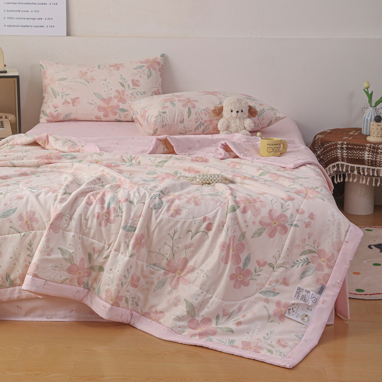 91家纺网 家纺一手货源 找家纺 尊妙被业 2026春夏新款全棉印花夏被空调被夏凉被 莫奈花园-粉