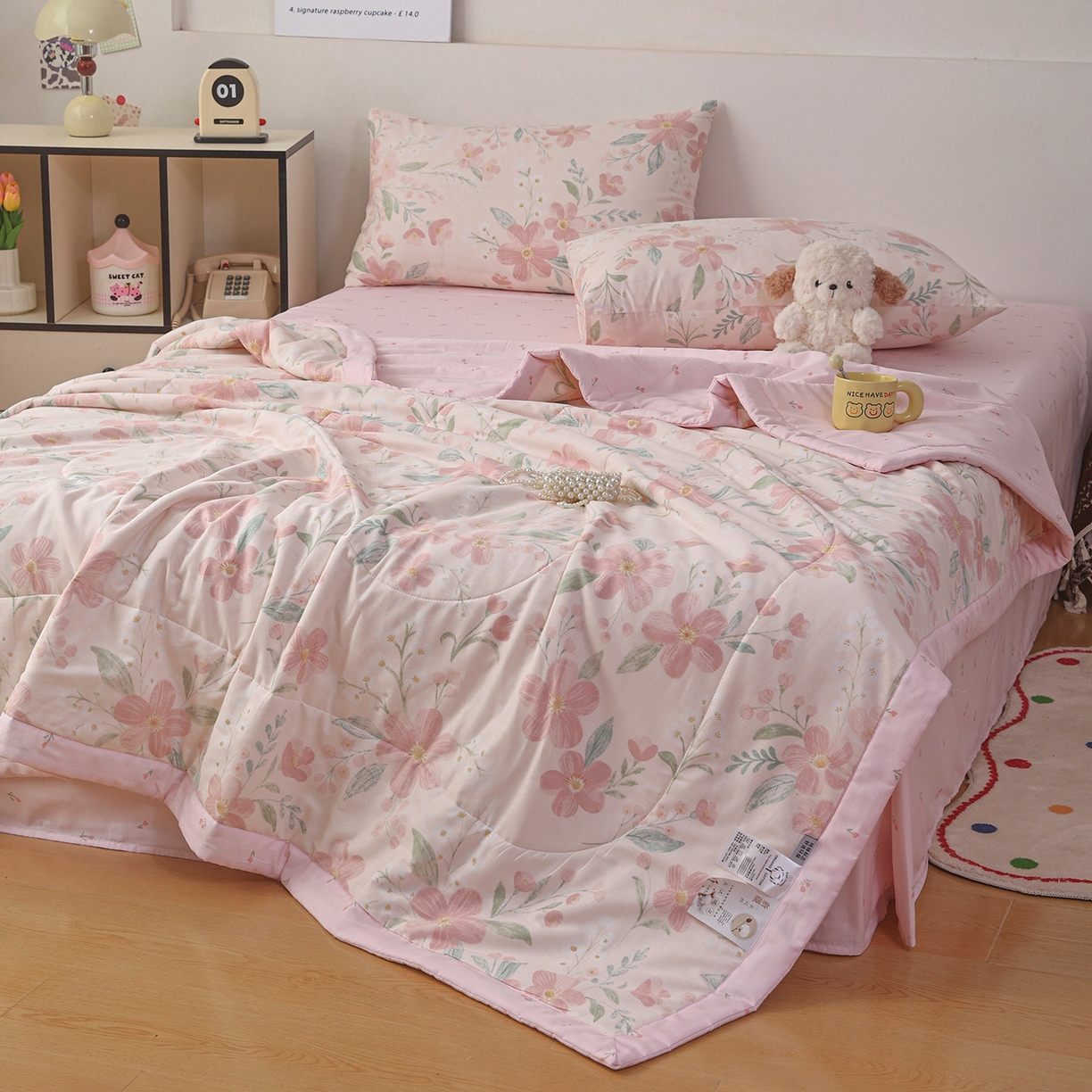 91家纺网 家纺一手货源 找家纺 尊妙被业 2026春夏新款全棉印花夏被空调被夏凉被 莫奈花园-粉