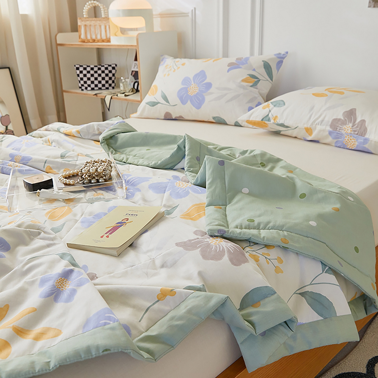 91家纺网 家纺一手货源 找家纺 尊妙被业 2026春夏新款全棉印花夏被空调被夏凉被 花青玉洁