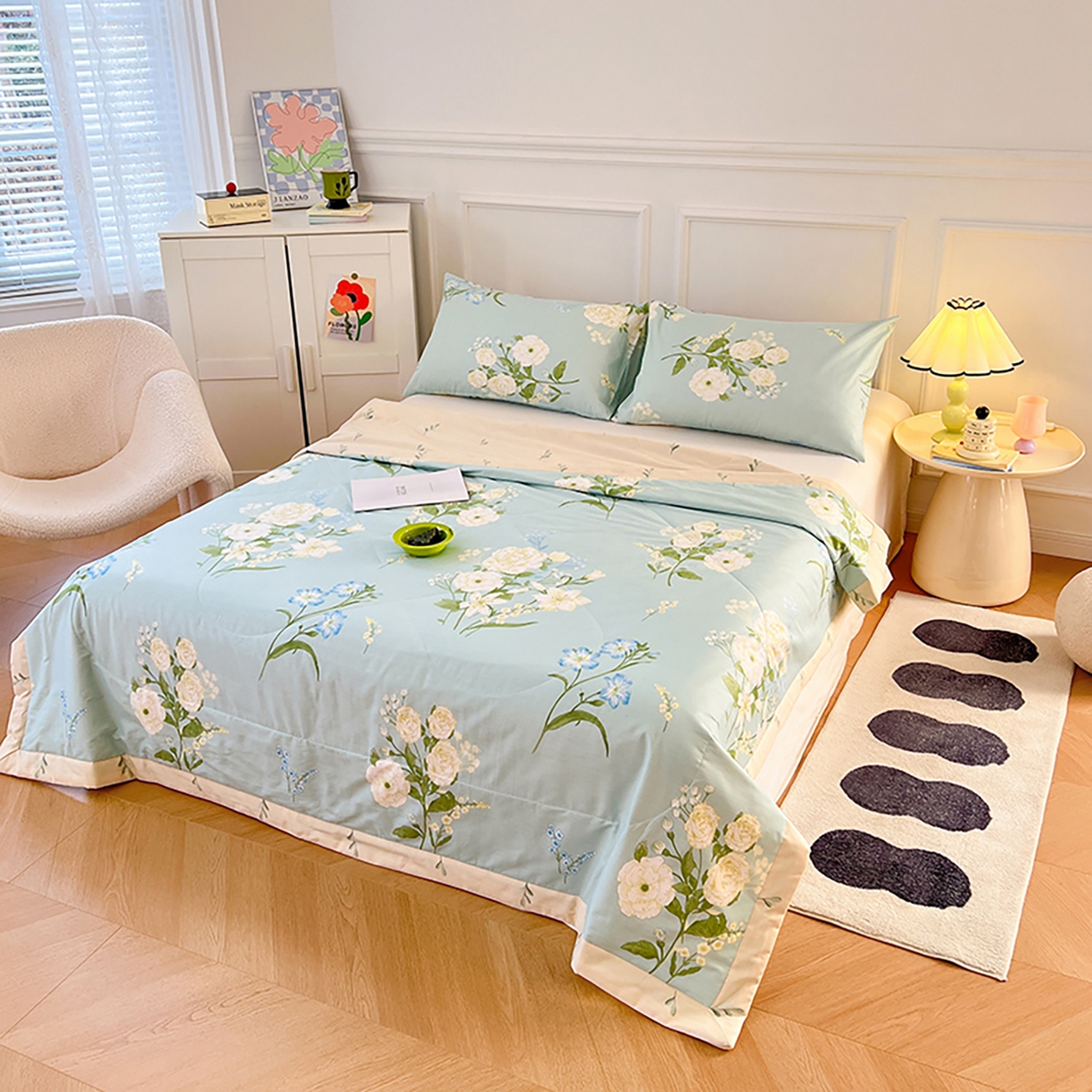 91家纺网 家纺一手货源 找家纺 尊妙被业 2026春夏新款全棉印花夏被空调被夏凉被 含苞初放-绿