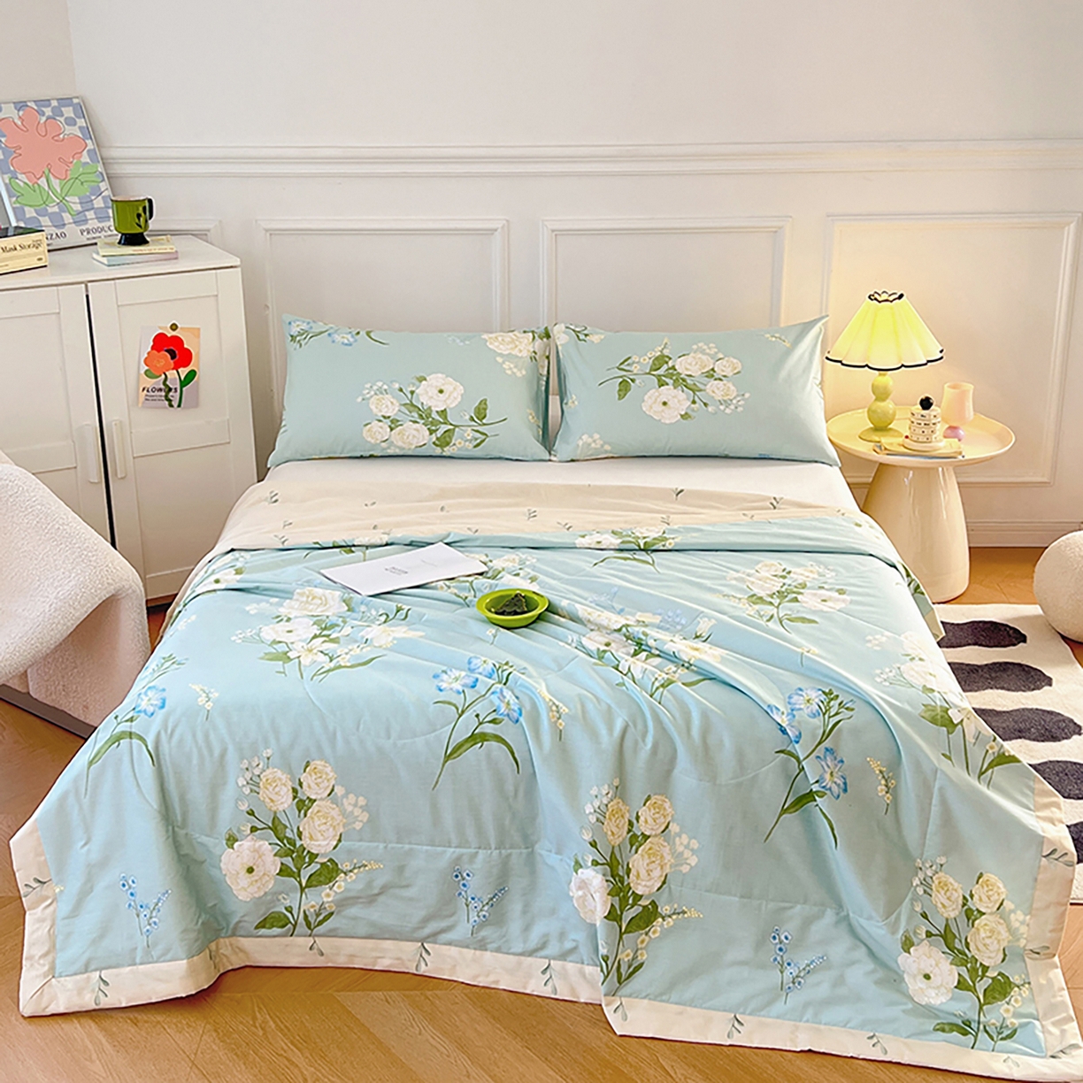 91家纺网 家纺一手货源 找家纺 尊妙被业 2026春夏新款全棉印花夏被空调被夏凉被 含苞初放-绿