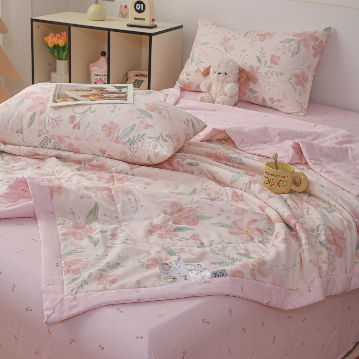 91家纺网 家纺一手货源 找家纺 尊妙被业 2026春夏新款全棉印花夏被空调被夏凉被 莫奈花园-粉