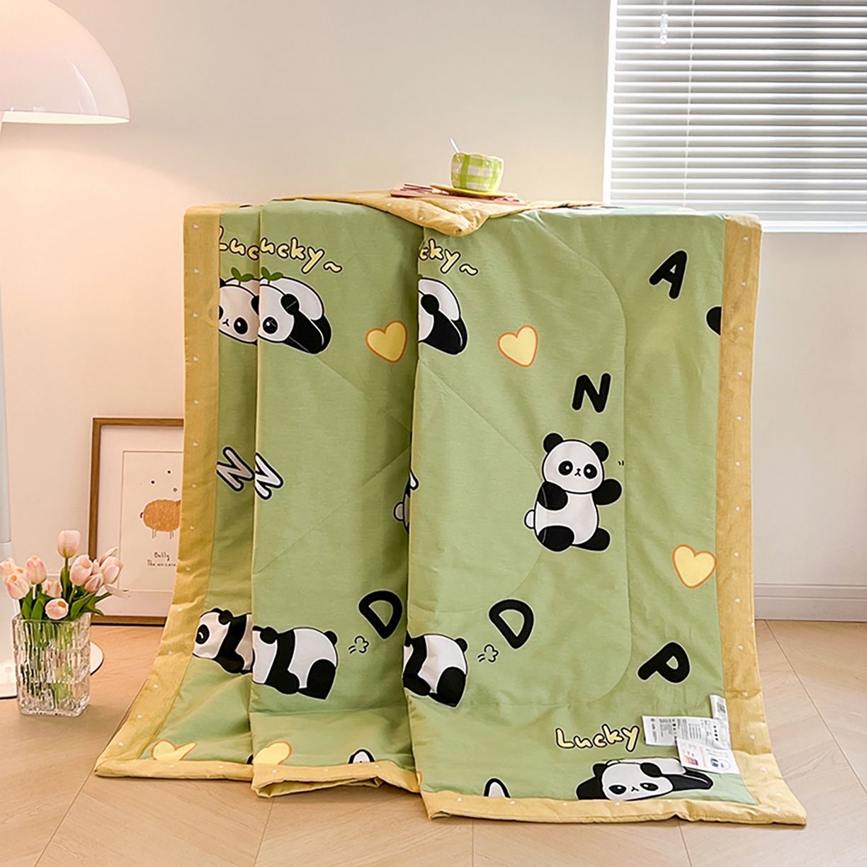 91家纺网 家纺一手货源 找家纺 尊妙被业 2026春夏新款全棉印花夏被空调被夏凉被 熊猫宝贝