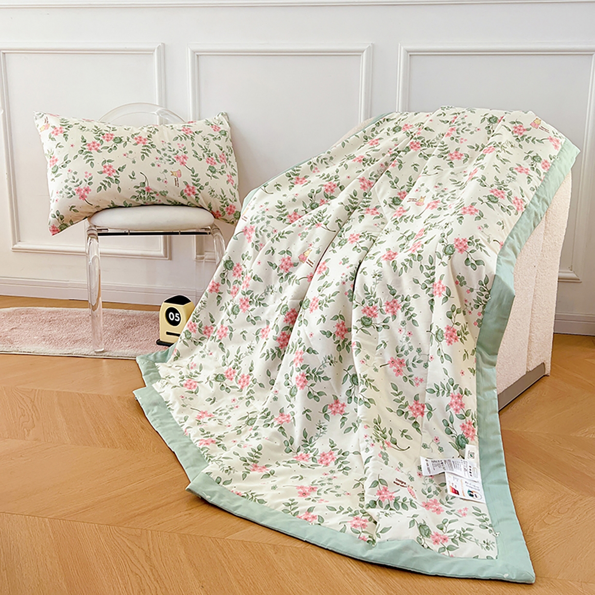 91家纺网 家纺一手货源 找家纺 尊妙被业 2026春夏新款全棉印花夏被空调被夏凉被 叶柔苏夏-米