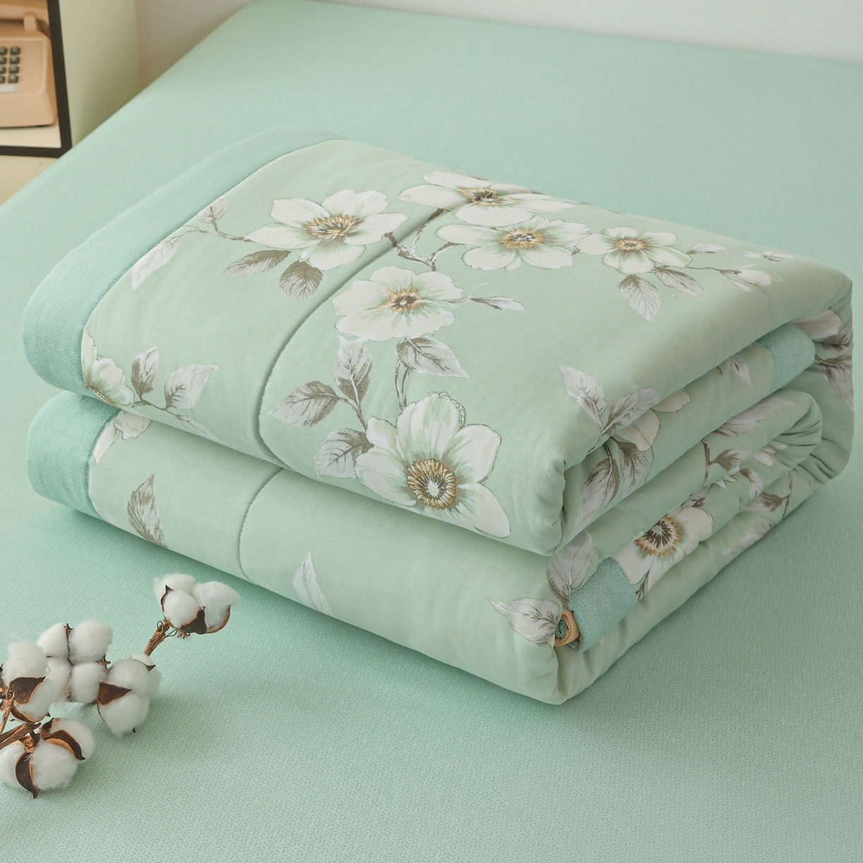 91家纺网 家纺一手货源 找家纺 尊妙被业 2026春夏新款全棉印花夏被空调被夏凉被 茉清浅 绿