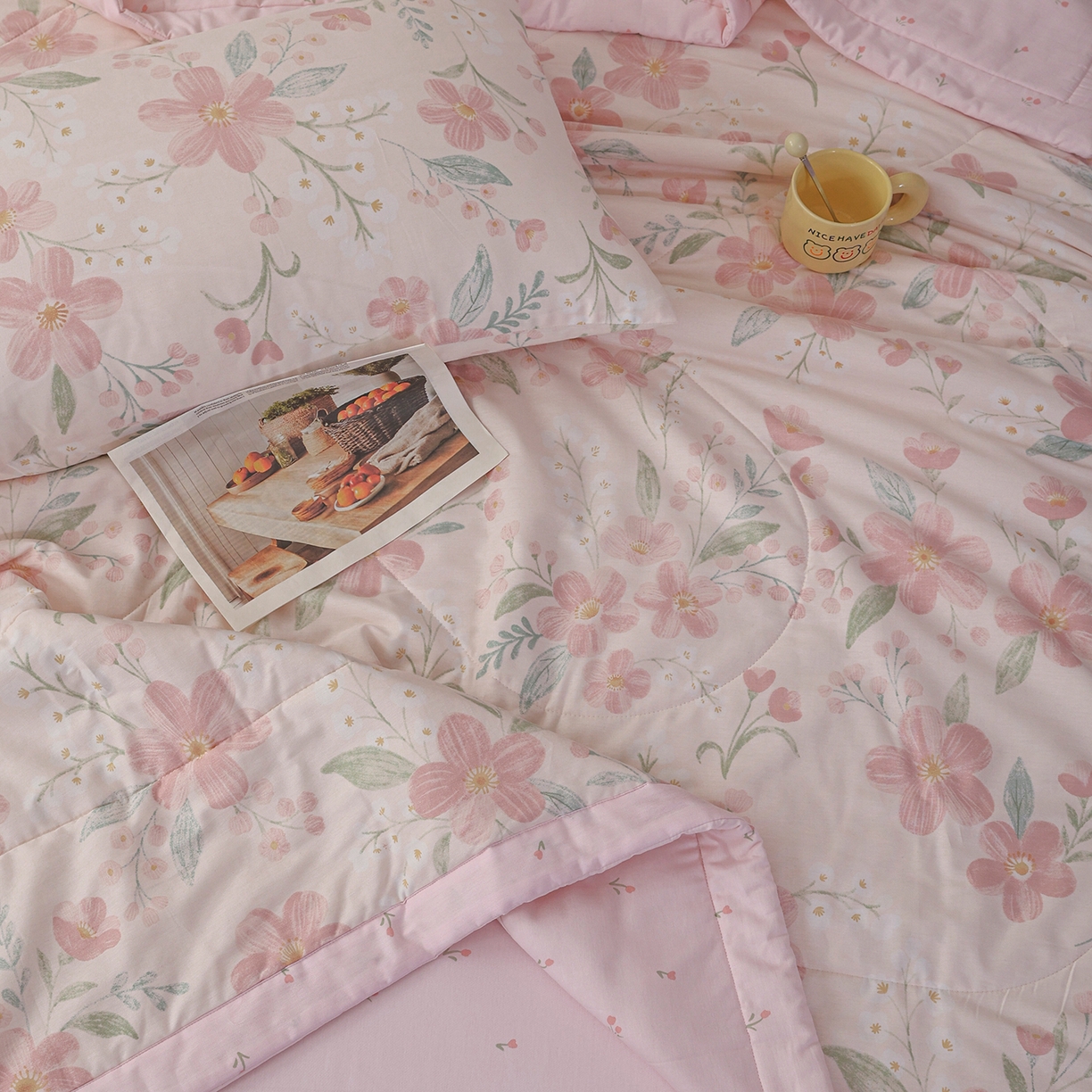 91家纺网 家纺一手货源 找家纺 尊妙被业 2026春夏新款全棉印花夏被空调被夏凉被 莫奈花园-粉