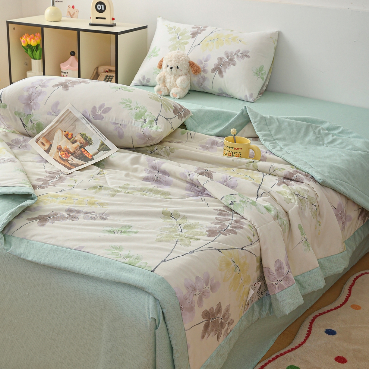 91家纺网 家纺一手货源 找家纺 尊妙被业 2026春夏新款全棉印花夏被空调被夏凉被 栖川 绿