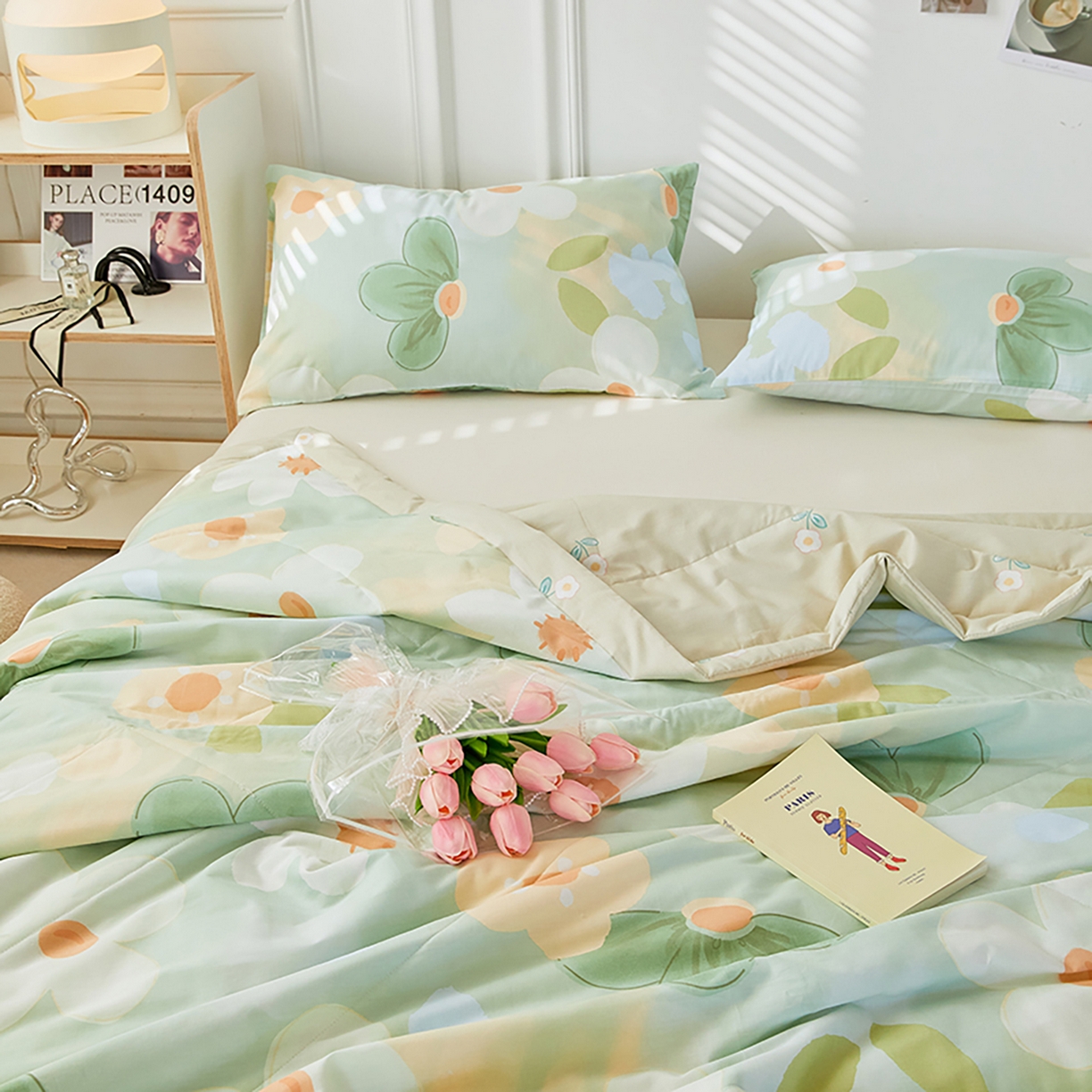 91家纺网 家纺一手货源 找家纺 尊妙被业 2026春夏新款全棉印花夏被空调被夏凉被 青柠