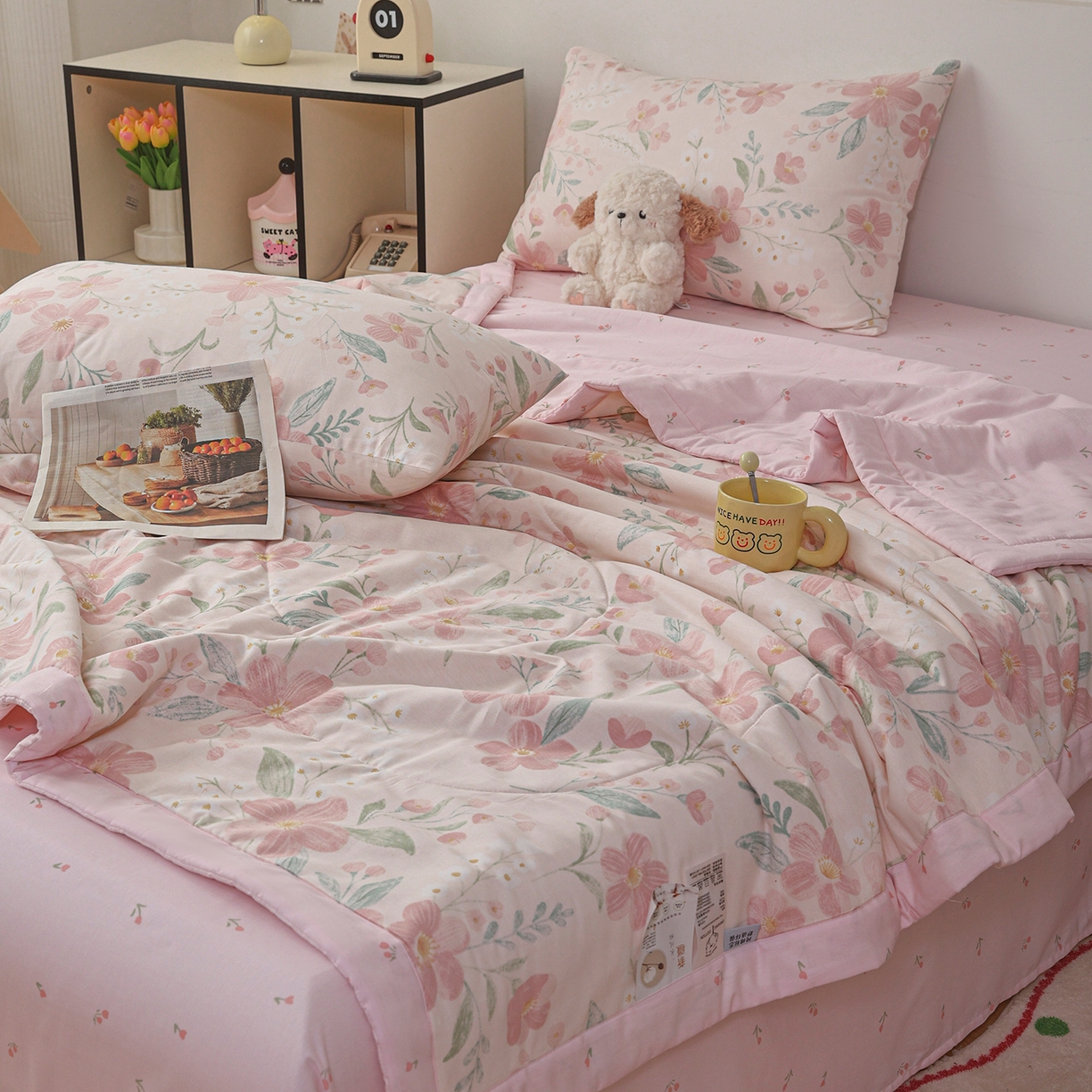 91家纺网 家纺一手货源 找家纺 尊妙被业 2026春夏新款全棉印花夏被空调被夏凉被 莫奈花园-粉