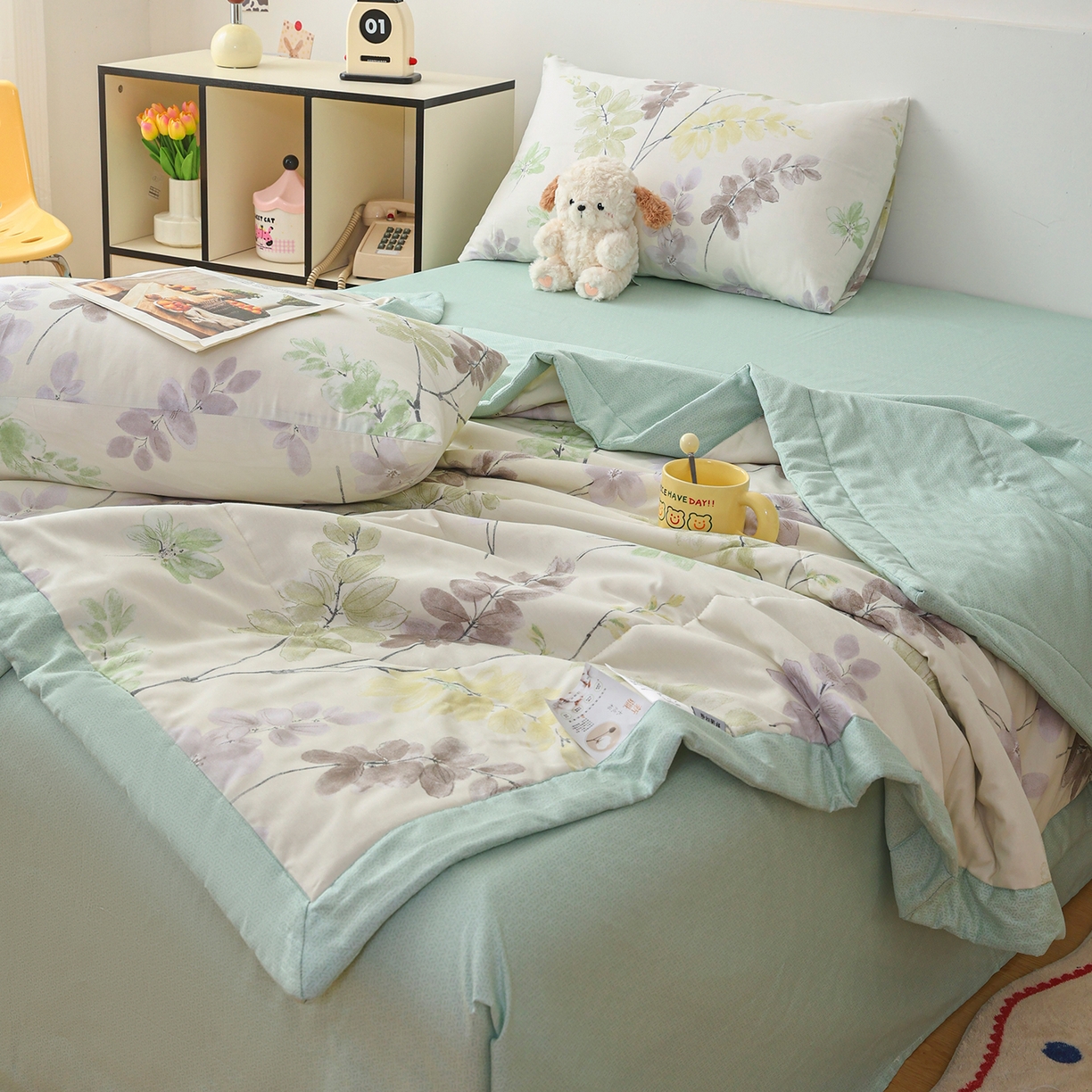 91家纺网 家纺一手货源 找家纺 尊妙被业 2026春夏新款全棉印花夏被空调被夏凉被 栖川 绿