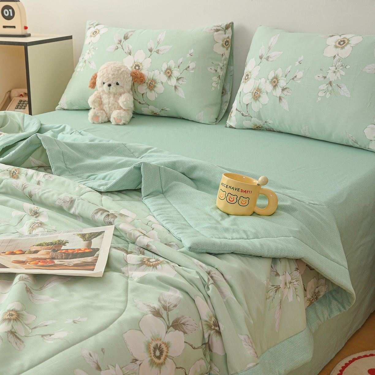 91家纺网 家纺一手货源 找家纺 尊妙被业 2026春夏新款全棉印花夏被空调被夏凉被 茉清浅 绿