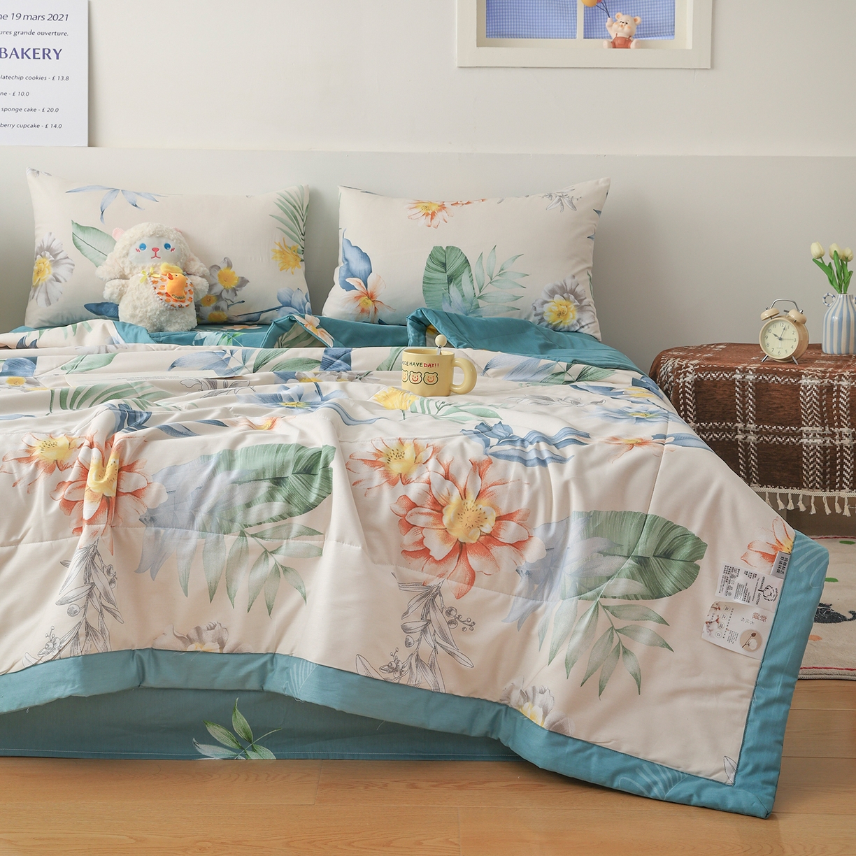 91家纺网 家纺一手货源 找家纺 尊妙被业 2026春夏新款全棉印花夏被空调被夏凉被 千叶花语