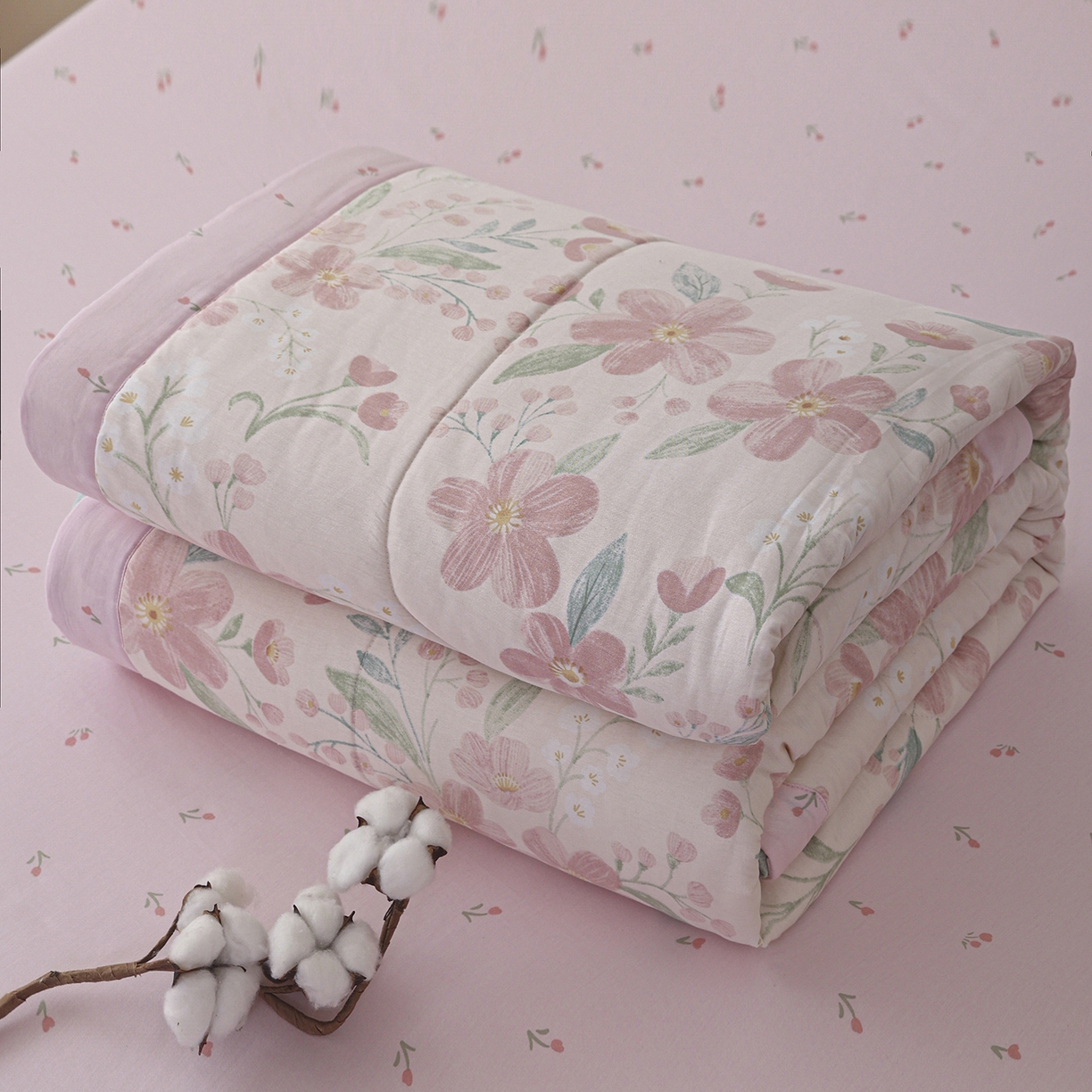 91家纺网 家纺一手货源 找家纺 尊妙被业 2026春夏新款全棉印花夏被空调被夏凉被 莫奈花园-粉