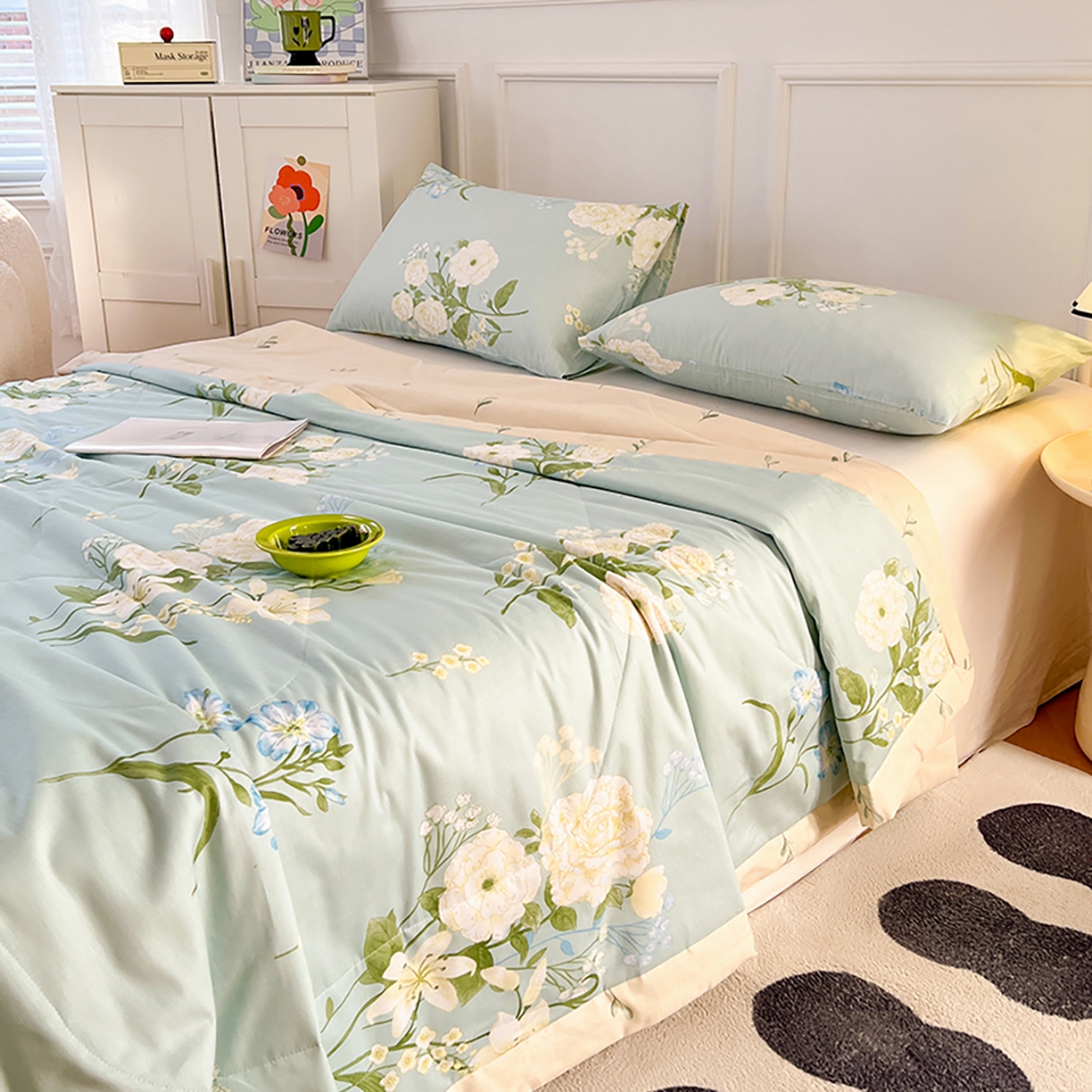 91家纺网 家纺一手货源 找家纺 尊妙被业 2026春夏新款全棉印花夏被空调被夏凉被 含苞初放-绿