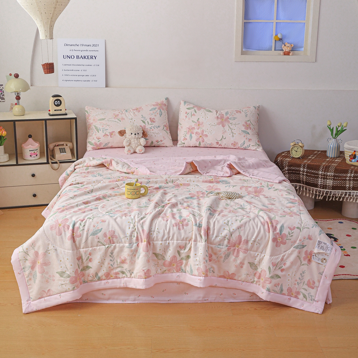 91家纺网 家纺一手货源 找家纺 尊妙被业 2026春夏新款全棉印花夏被空调被夏凉被 莫奈花园-粉