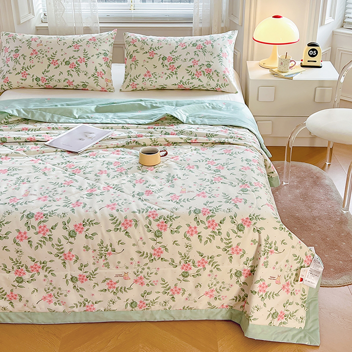 91家纺网 家纺一手货源 找家纺 尊妙被业 2026春夏新款全棉印花夏被空调被夏凉被 叶柔苏夏-米