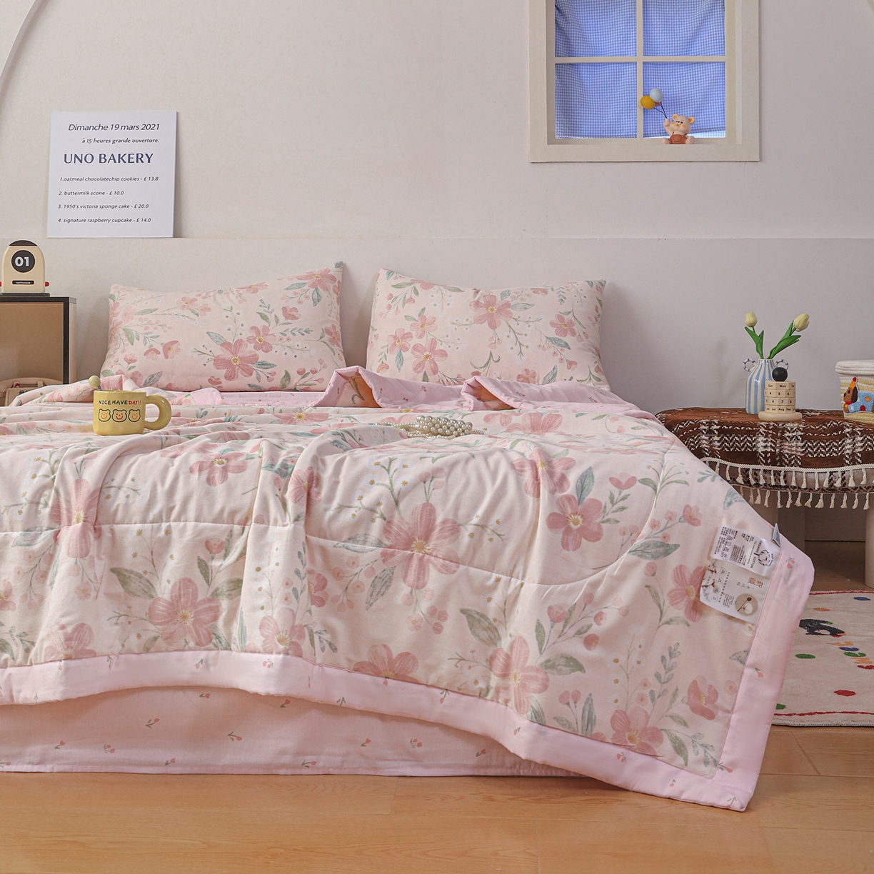 91家纺网 家纺一手货源 找家纺 尊妙被业 2026春夏新款全棉印花夏被空调被夏凉被 莫奈花园-粉