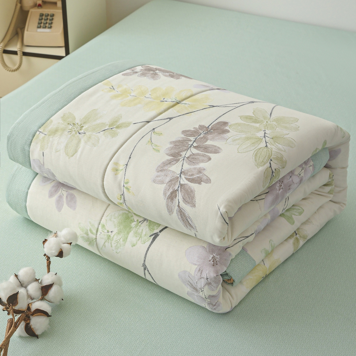 91家纺网 家纺一手货源 找家纺 尊妙被业 2026春夏新款全棉印花夏被空调被夏凉被 栖川 绿
