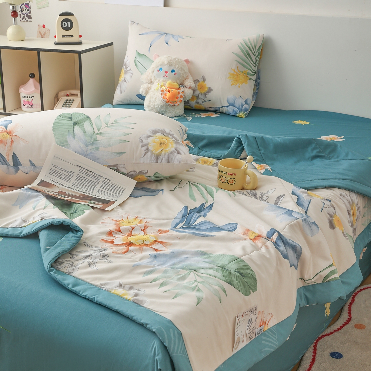 91家纺网 家纺一手货源 找家纺 尊妙被业 2026春夏新款全棉印花夏被空调被夏凉被 千叶花语