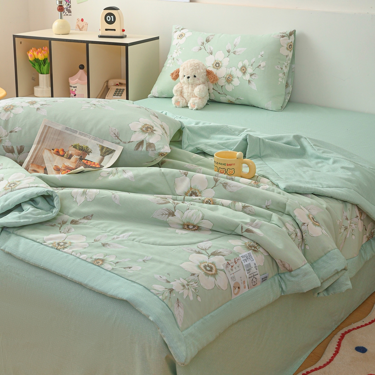 91家纺网 家纺一手货源 找家纺 尊妙被业 2026春夏新款全棉印花夏被空调被夏凉被 茉清浅 绿