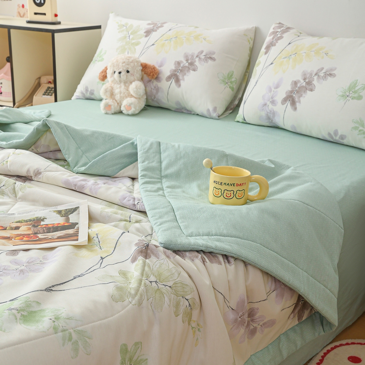 91家纺网 家纺一手货源 找家纺 尊妙被业 2026春夏新款全棉印花夏被空调被夏凉被 栖川 绿