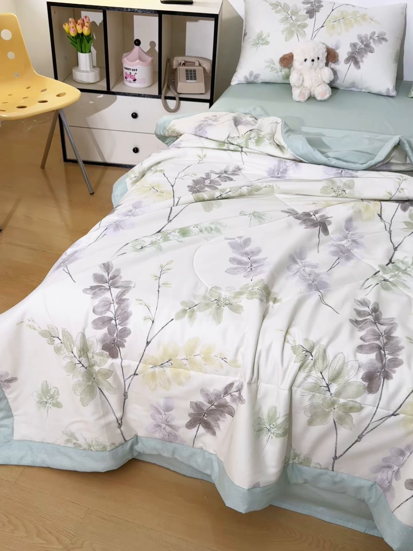 91家纺网 家纺一手货源 找家纺 尊妙被业 2026春夏新款全棉印花夏被空调被夏凉被 栖川 绿