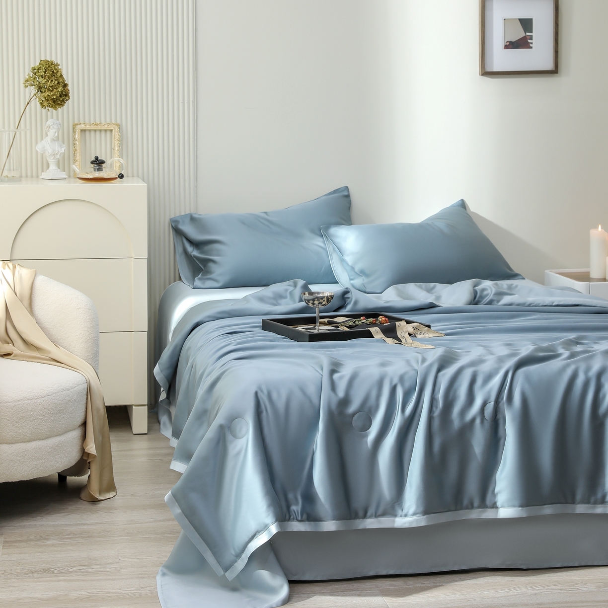 91家纺网 家纺一手货源 找家纺 禾时 2026新款奥地利进口兰精天丝夏被夏凉被空调被四件套 灰蓝色-冰川灰