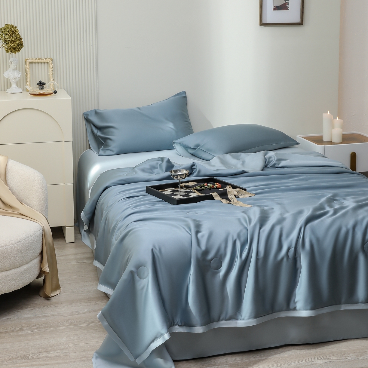 91家纺网 家纺一手货源 找家纺 禾时 2026新款奥地利进口兰精天丝夏被夏凉被空调被四件套 灰蓝色-冰川灰