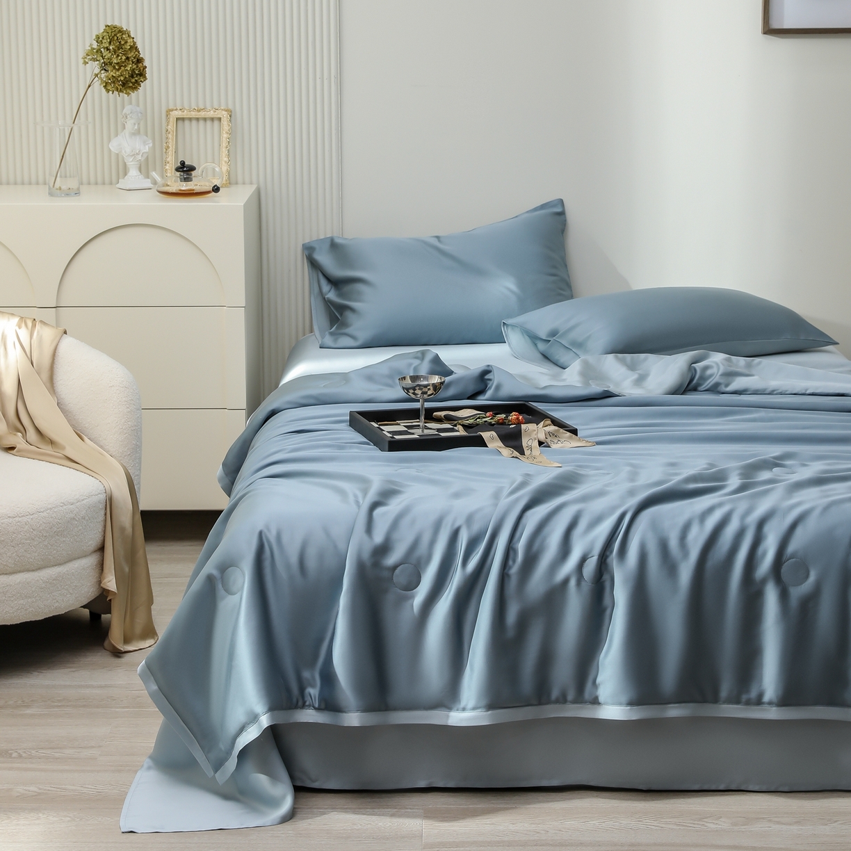 91家纺网 家纺一手货源 找家纺 禾时 2026新款奥地利进口兰精天丝夏被夏凉被空调被四件套 灰蓝色-冰川灰