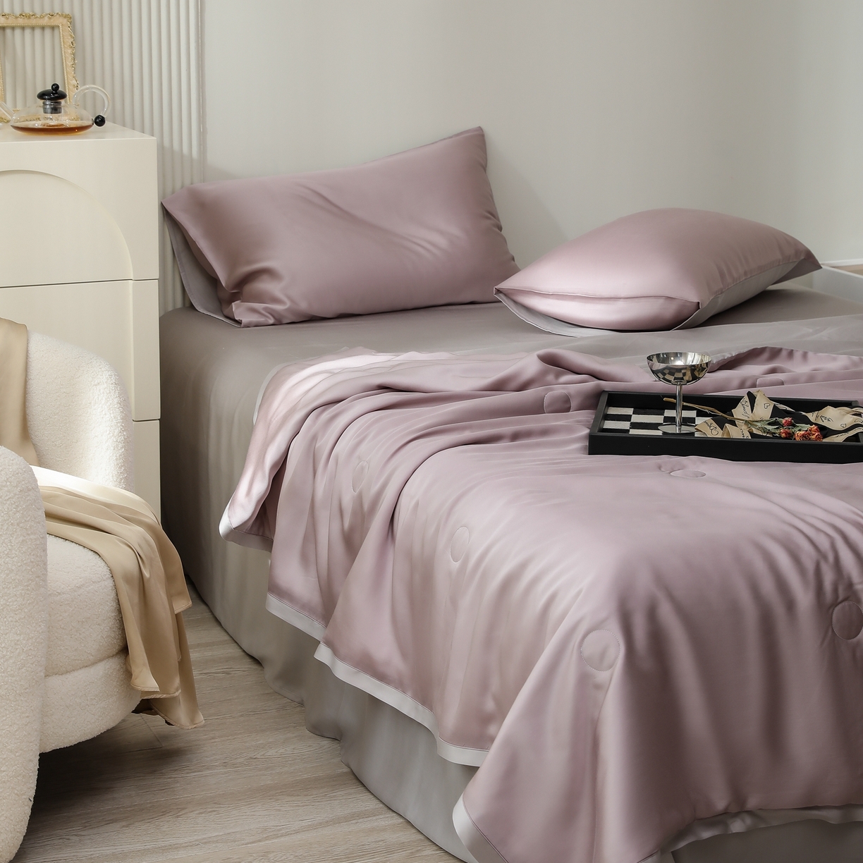 91家纺网 家纺一手货源 找家纺 禾时 2026新款奥地利进口兰精天丝夏被夏凉被空调被四件套 满天星紫-曙光银